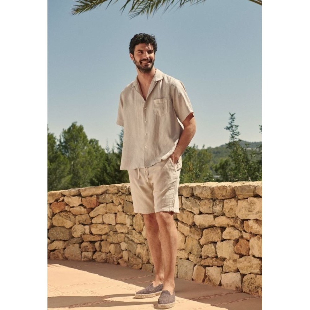 Kenneth Cole Men's Camp Collar Short Sleeve Linen Blend Shirt in Natural Small